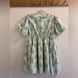 Tea Collection Short Sleeve Dress Linen Cotton Aqua Blue Floral Cottagecore 16
